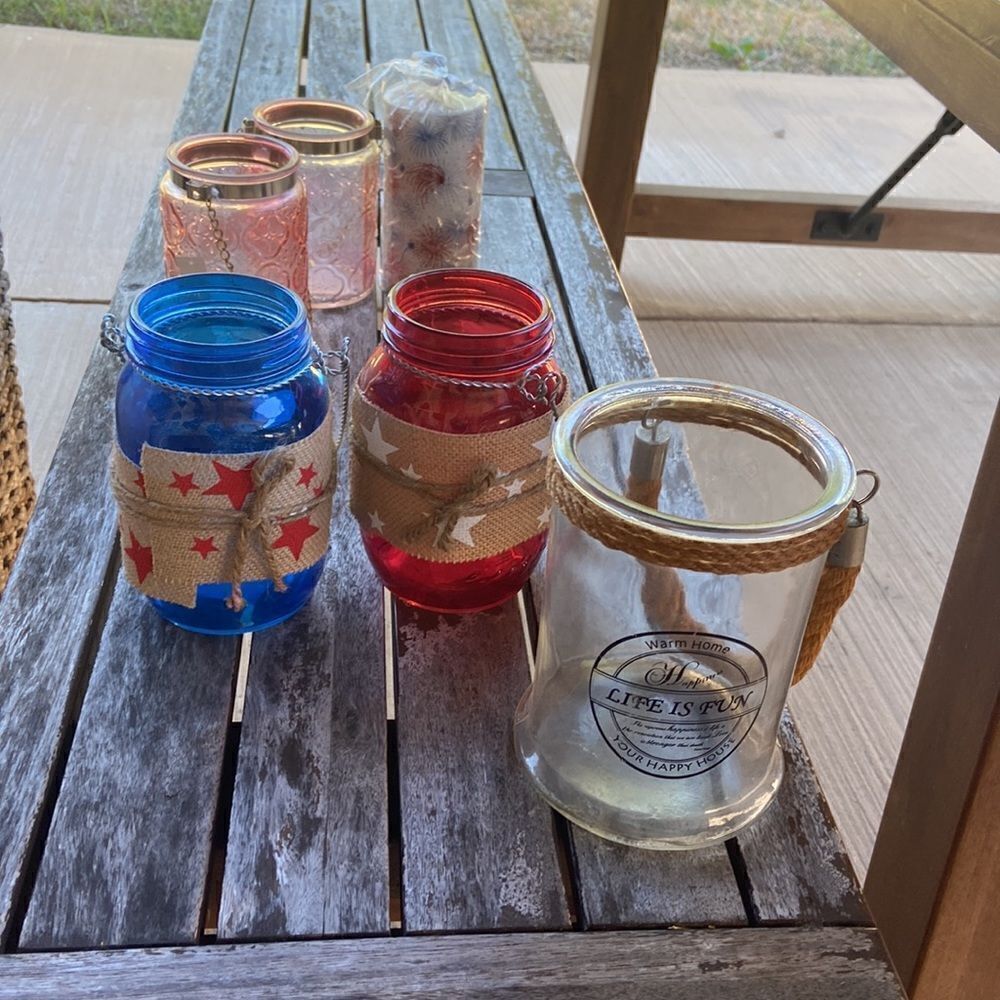 Jars outside decor plus a candle decorative 4th of July
